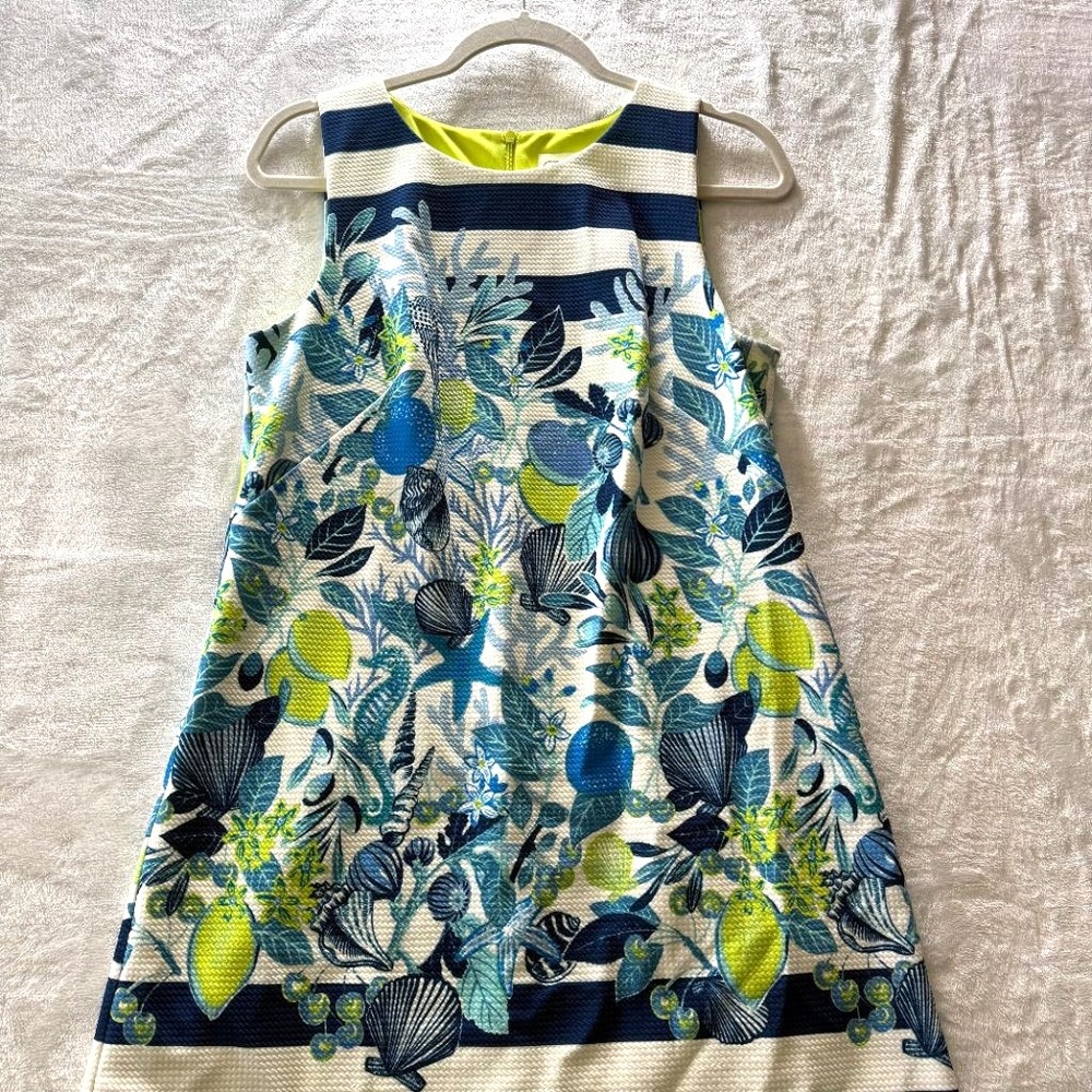 Eliza J Size 10 Sleeveless Shift Dress Nautical Seashell Lemon Navy Blue Green